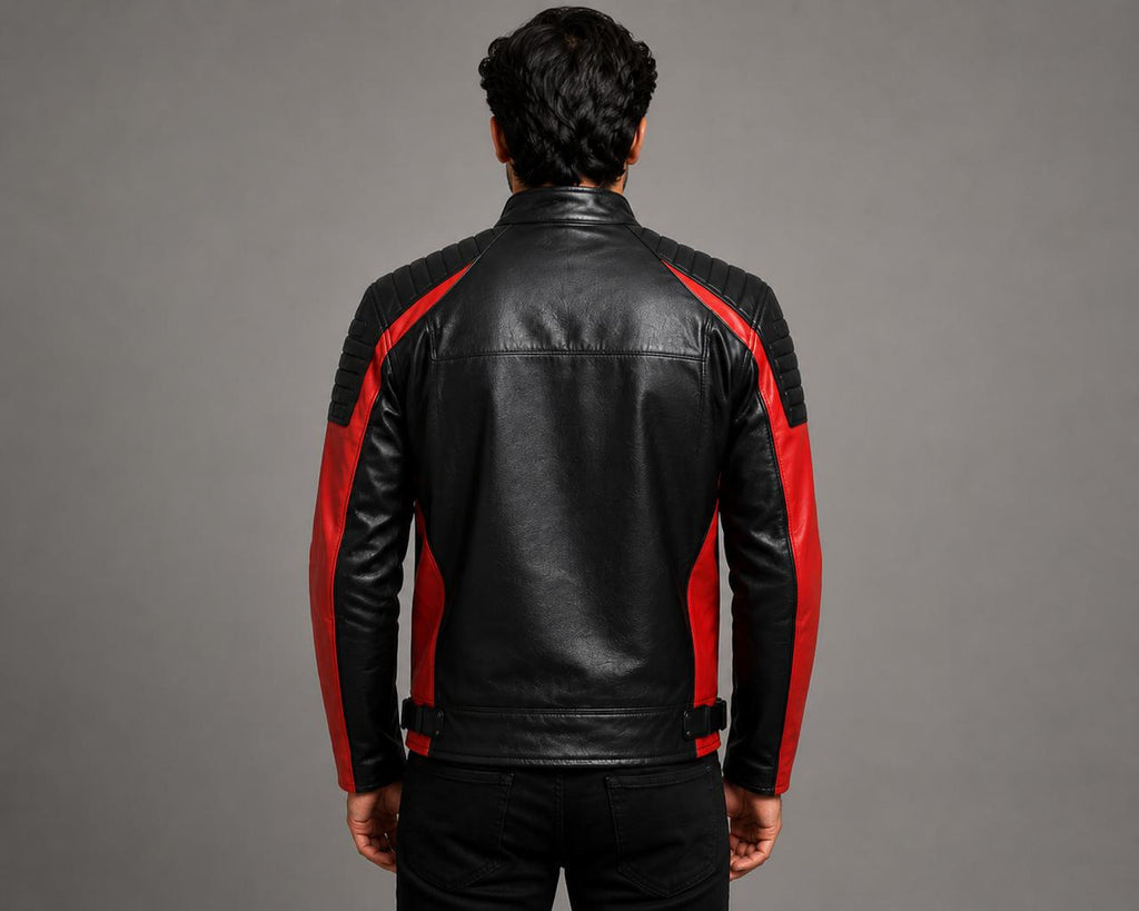 Men’s Black & Red Leather Motorcycle Jacket | Cafe Racer Biker Jacket | Genuine Leather Riding Jacket | Quilted Shoulder Moto Coat