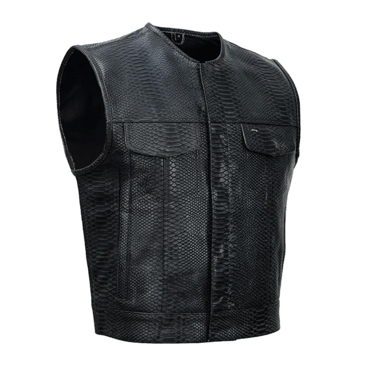 Men’s Black Embossed Leather Motorcycle Vest | Premium Biker Vest