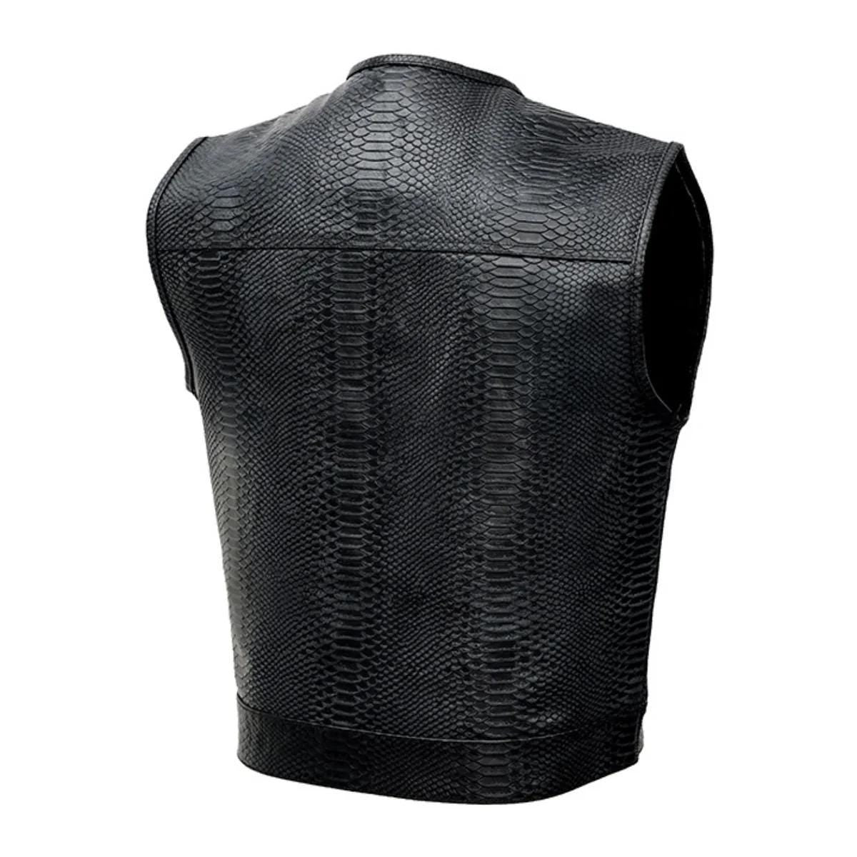 Men’s Black Embossed Leather Motorcycle Vest | Premium Biker Vest