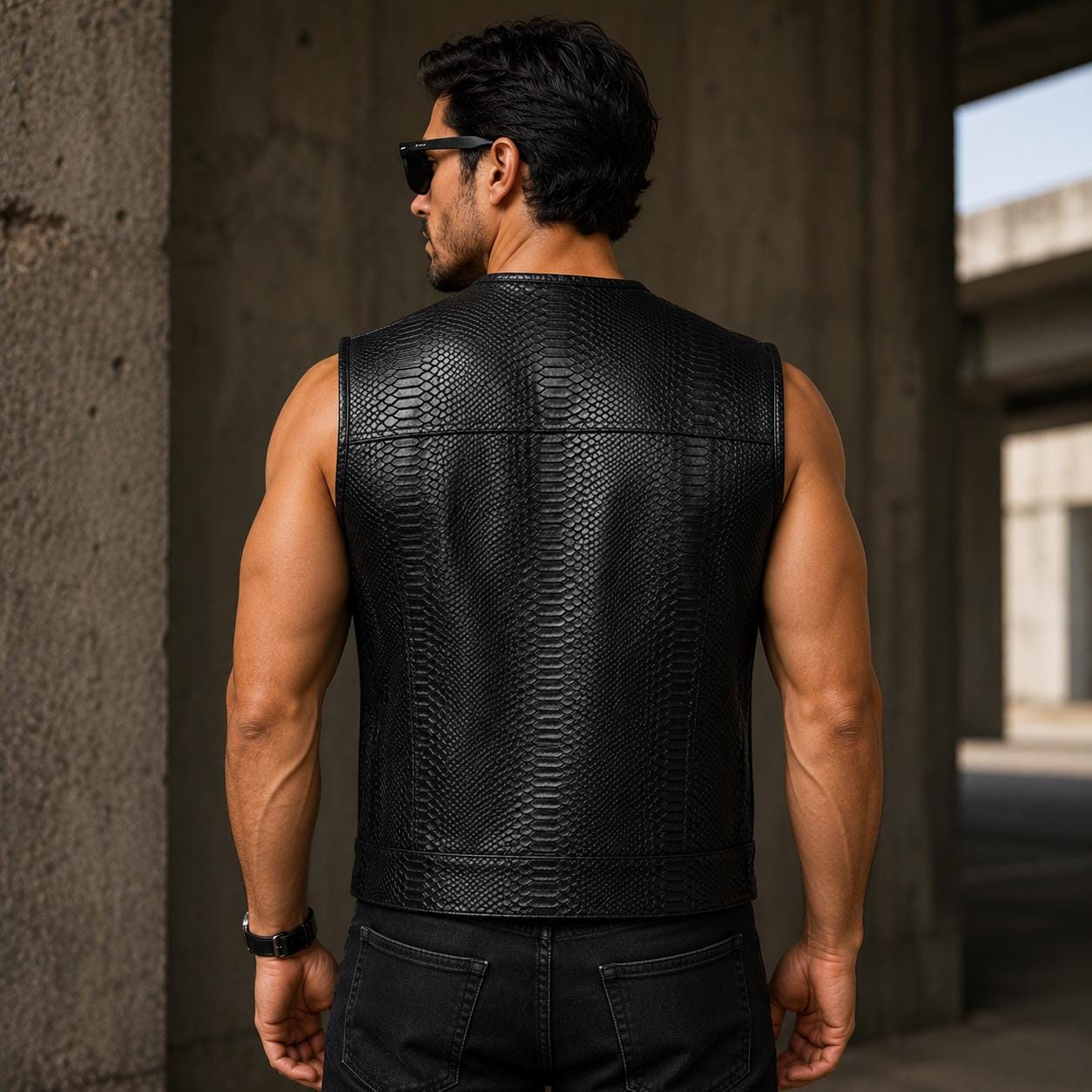 Men’s Black Embossed Leather Motorcycle Vest | Premium Biker Vest