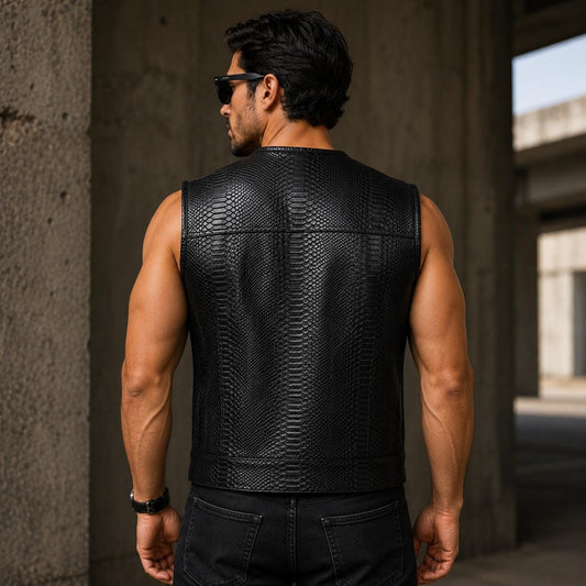 Men’s Black Embossed Leather Motorcycle Vest | Premium Biker Vest