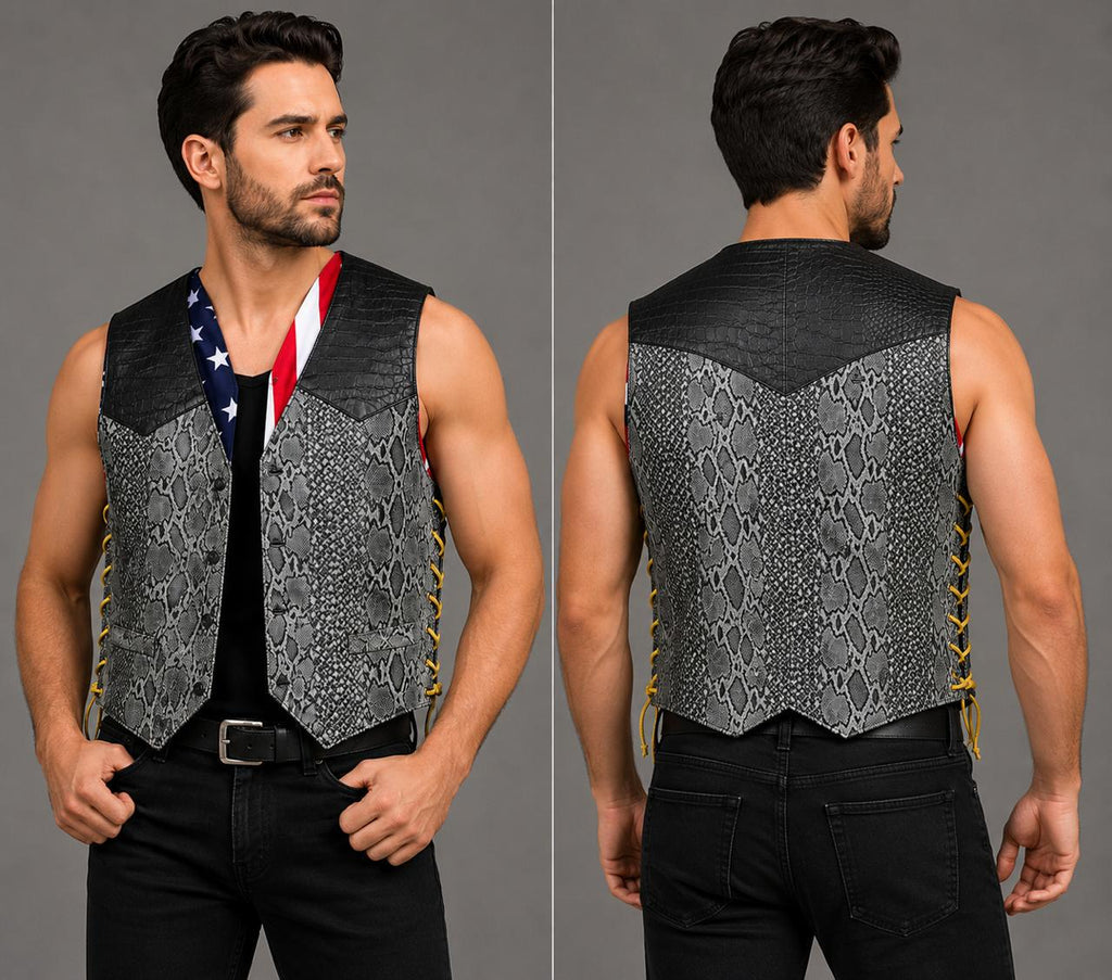 Men’s Snakeskin Leather Biker Vest – American Flag Lined Western Style Motorcycle Waistcoat for Riders