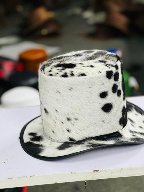Black & White Cowhide Top Hat | Handmade Western Hat | Premium Cow Print Hat | Unisex Cowboy Style Hat | Fashion Statement Hat