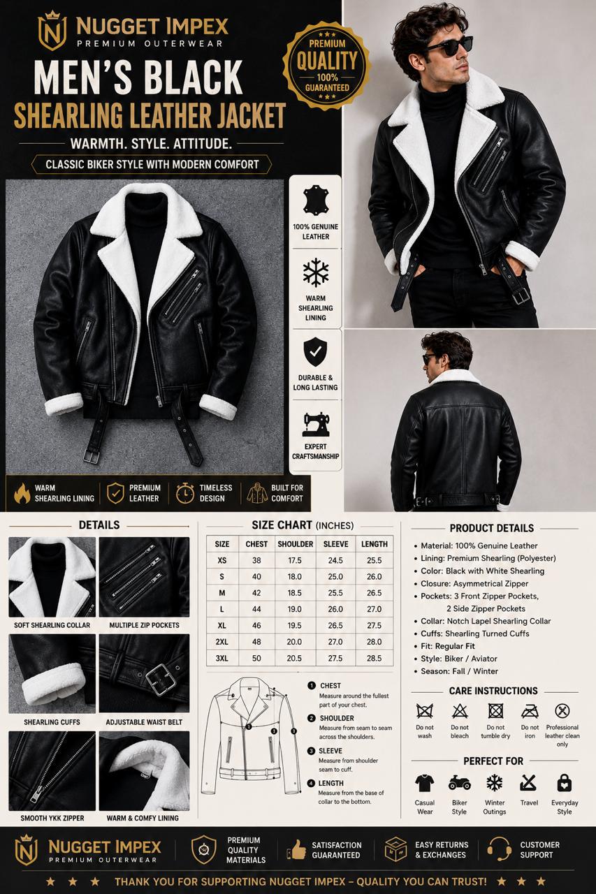 Men’s Black Shearling Leather Jacket – Premium Winter Biker Aviator Jacket with Soft Faux Fur Lining | Nugget Impex
