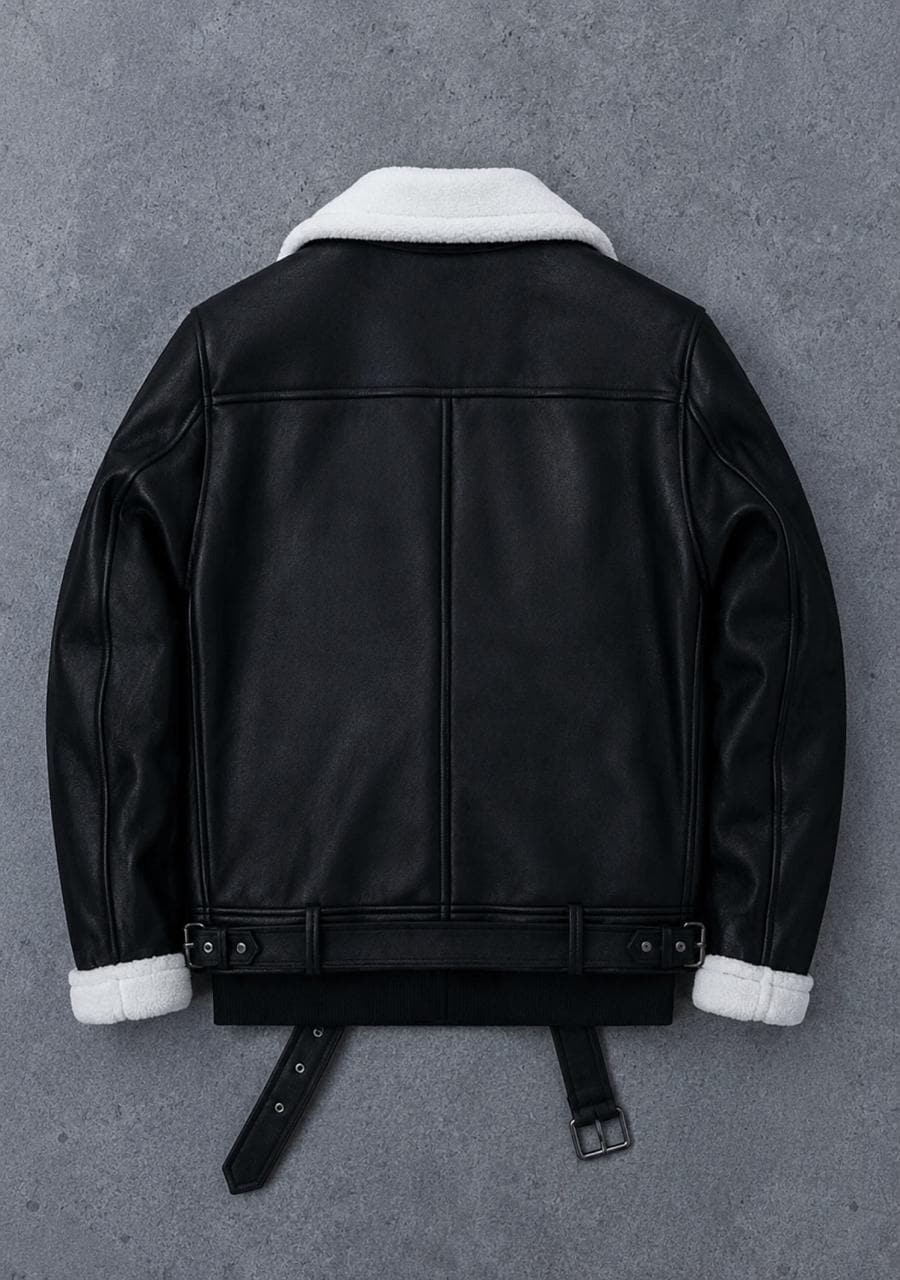 Men's Shearling Collar Leather Biker Jacket – Black Moto Jacket with White Faux Fur