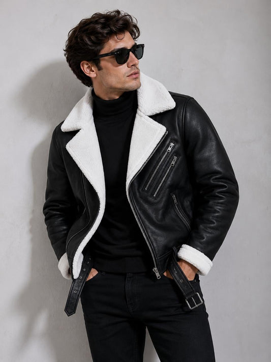 Men’s Black Shearling Leather Jacket – Premium Winter Biker Aviator Jacket with Soft Faux Fur Lining | Nugget Impex
