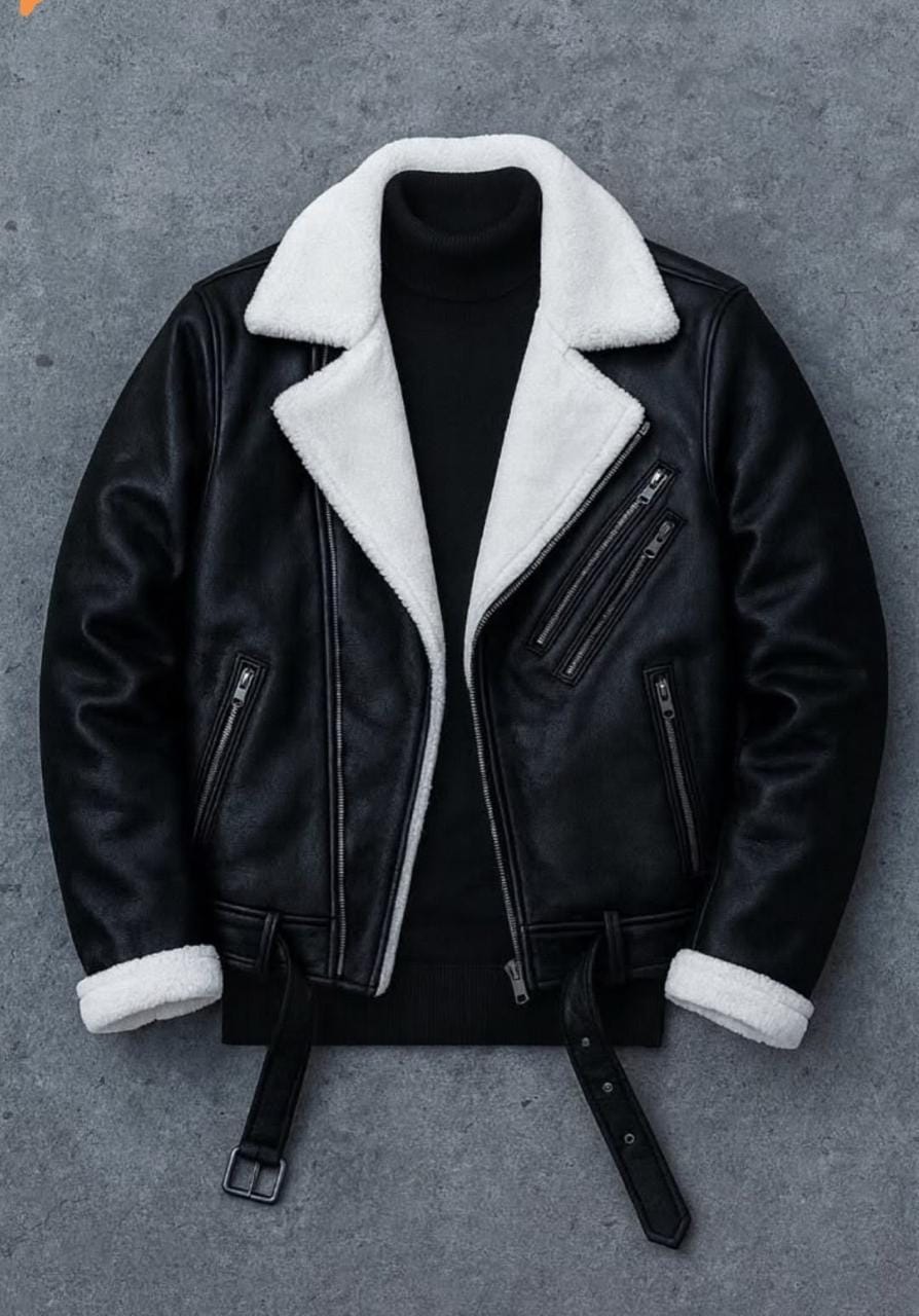 Men's Shearling Collar Leather Biker Jacket – Black Moto Jacket with White Faux Fur