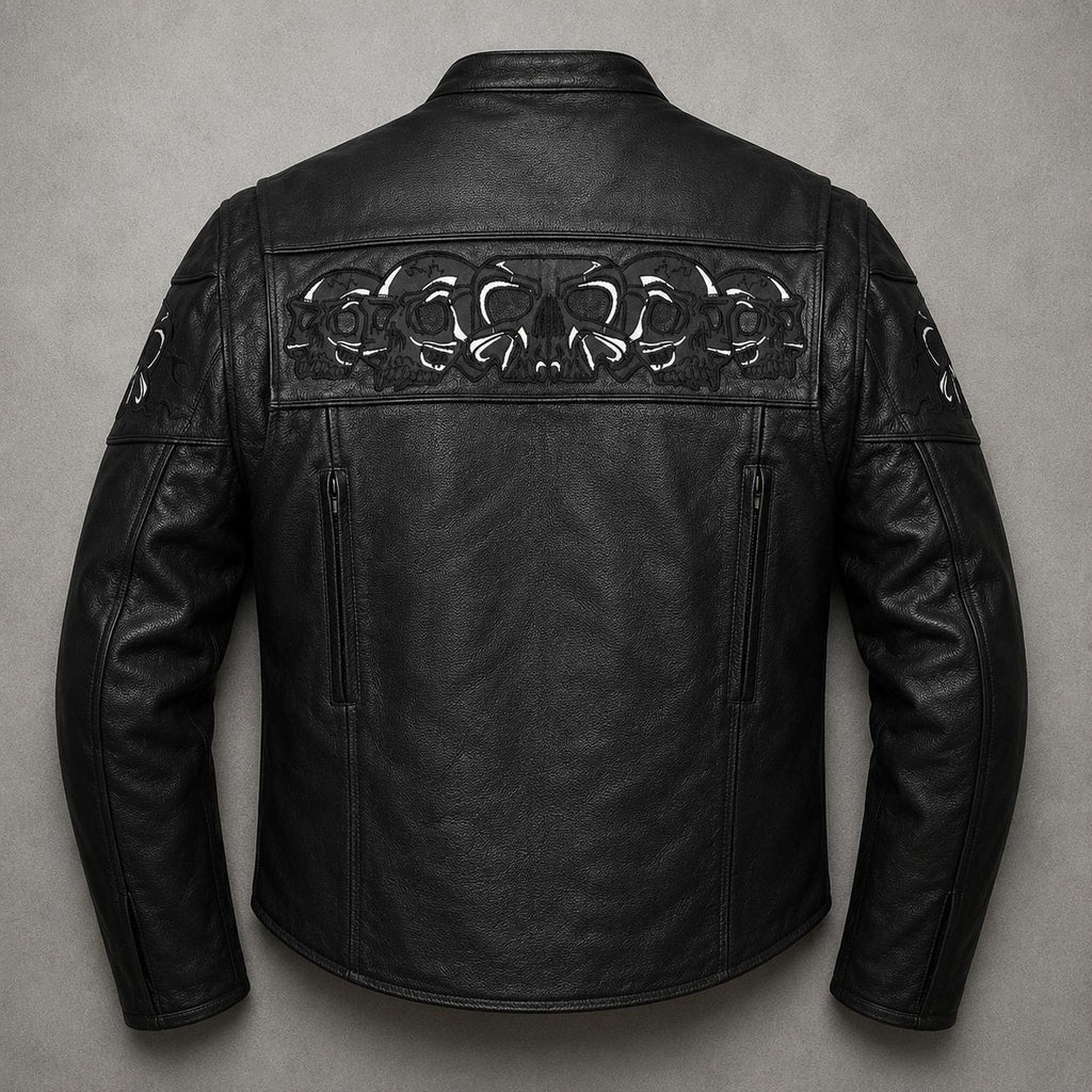 Men’s Black Skull Embroidered Leather Jacket | Gothic Motorcycle Biker Jacket | Cafe Racer Real Leather Coat