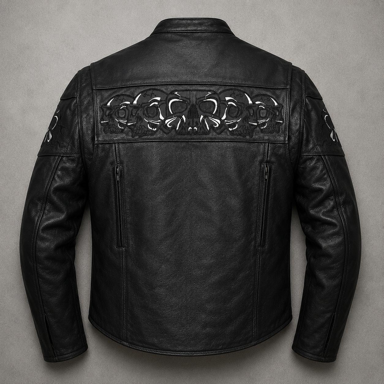 Men's Skull Print Café Racer Leather Jacket – Black Moto Biker Jacket