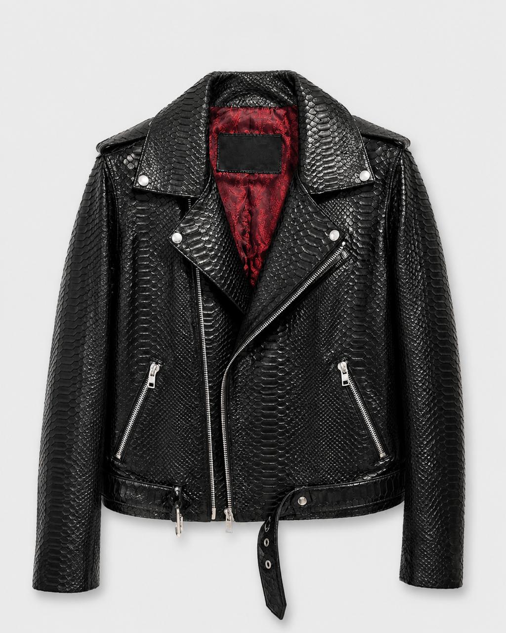 Men's Snakeskin Embossed Leather Biker Jacket – Black Python Print Moto Jacket