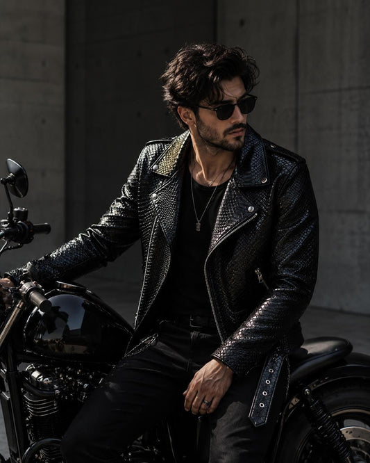 Black Snakeskin Biker Jacket Men | Premium Faux Leather Motorcycle Jacket | Stylish Punk Rock Leather Coat | Nigras Impex
