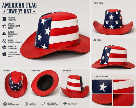 American Flag Cowboy Hat | USA Patriotic Western Hat | Red White Blue Cowboy Hat | Unisex Party Costume Hat