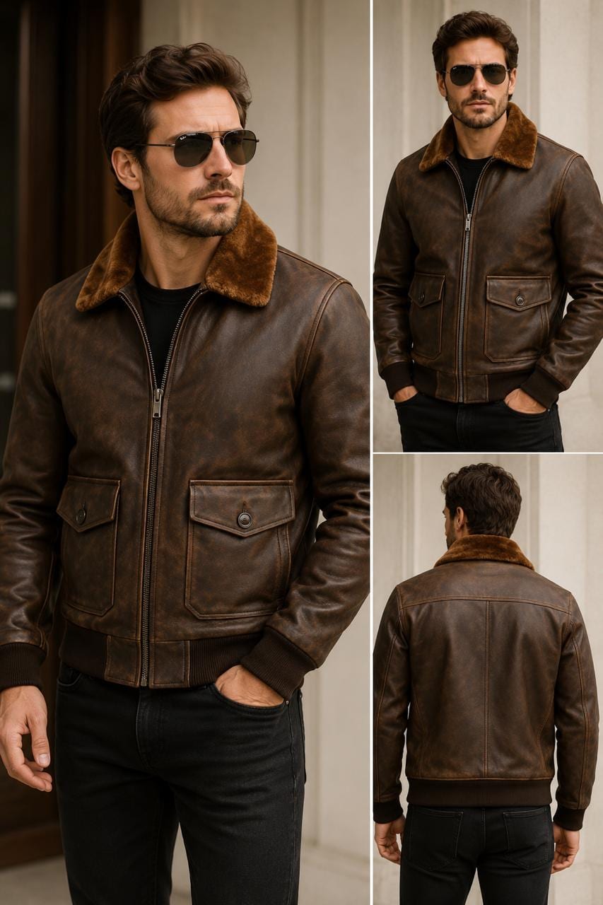 Men's Distressed Brown Leather Aviator Jacket – G-1 Bomber with Fur Collar