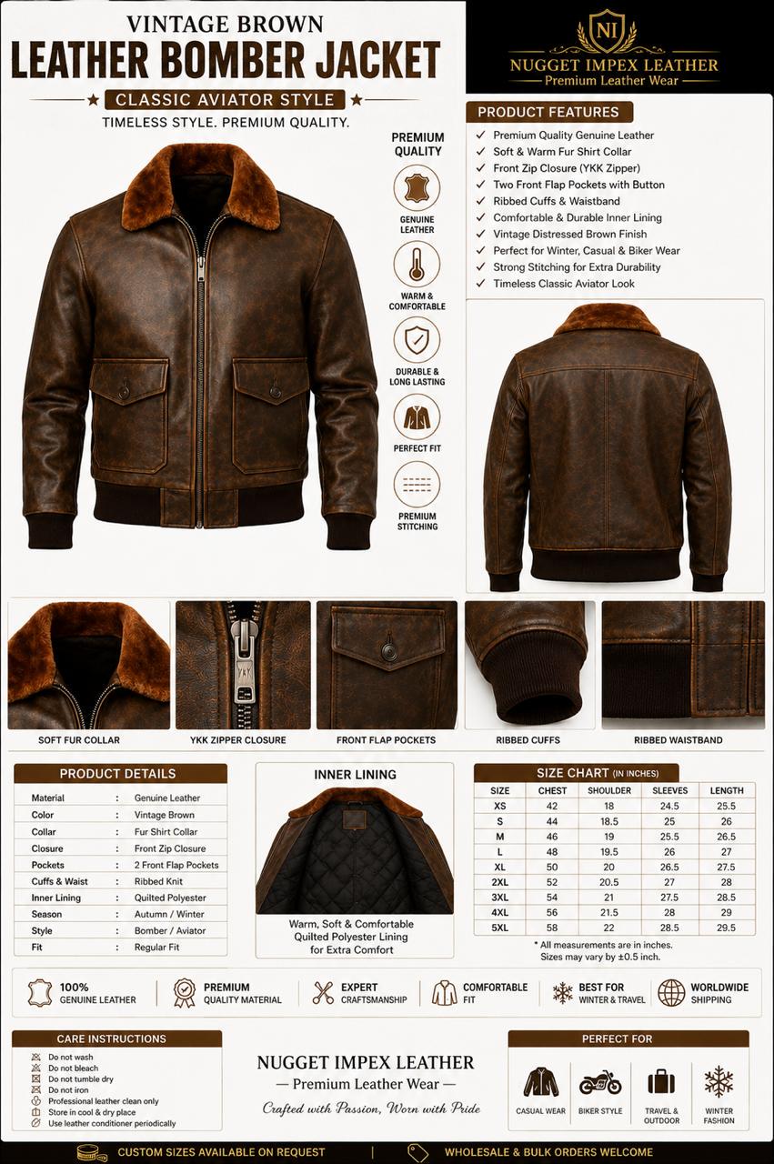 Men’s Vintage Brown Leather Bomber Jacket with Fur Collar | Classic Aviator Pilot Jacket | Genuine Leather Winter Coat