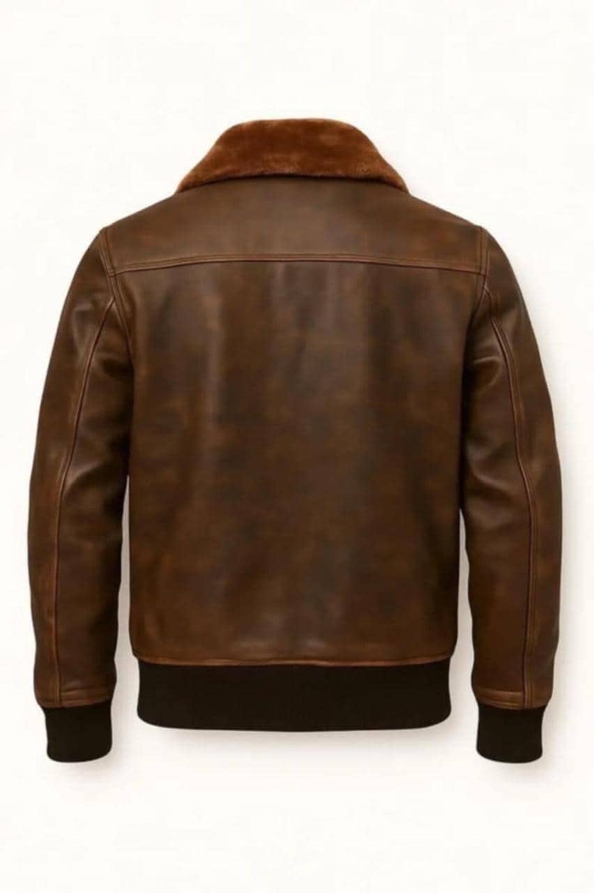Men's Distressed Brown Leather Aviator Jacket – G-1 Bomber with Fur Collar