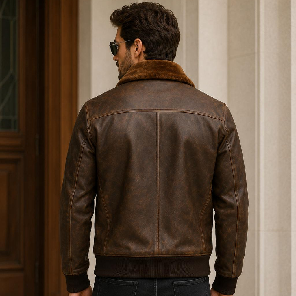 Men's Distressed Brown Leather Aviator Jacket – G-1 Bomber with Fur Collar