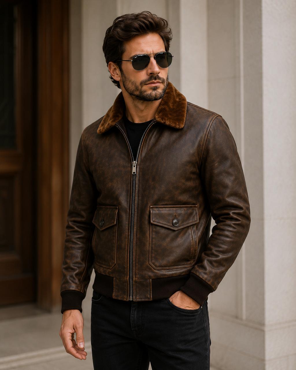 Men’s Vintage Brown Leather Bomber Jacket with Fur Collar | Classic Aviator Pilot Jacket | Genuine Leather Winter Coat