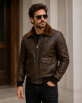 Men’s Vintage Brown Leather Bomber Jacket with Fur Collar | Classic Aviator Pilot Jacket | Genuine Leather Winter Coat