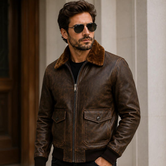 Men’s Vintage Brown Leather Bomber Jacket with Fur Collar | Classic Aviator Pilot Jacket | Genuine Leather Winter Coat