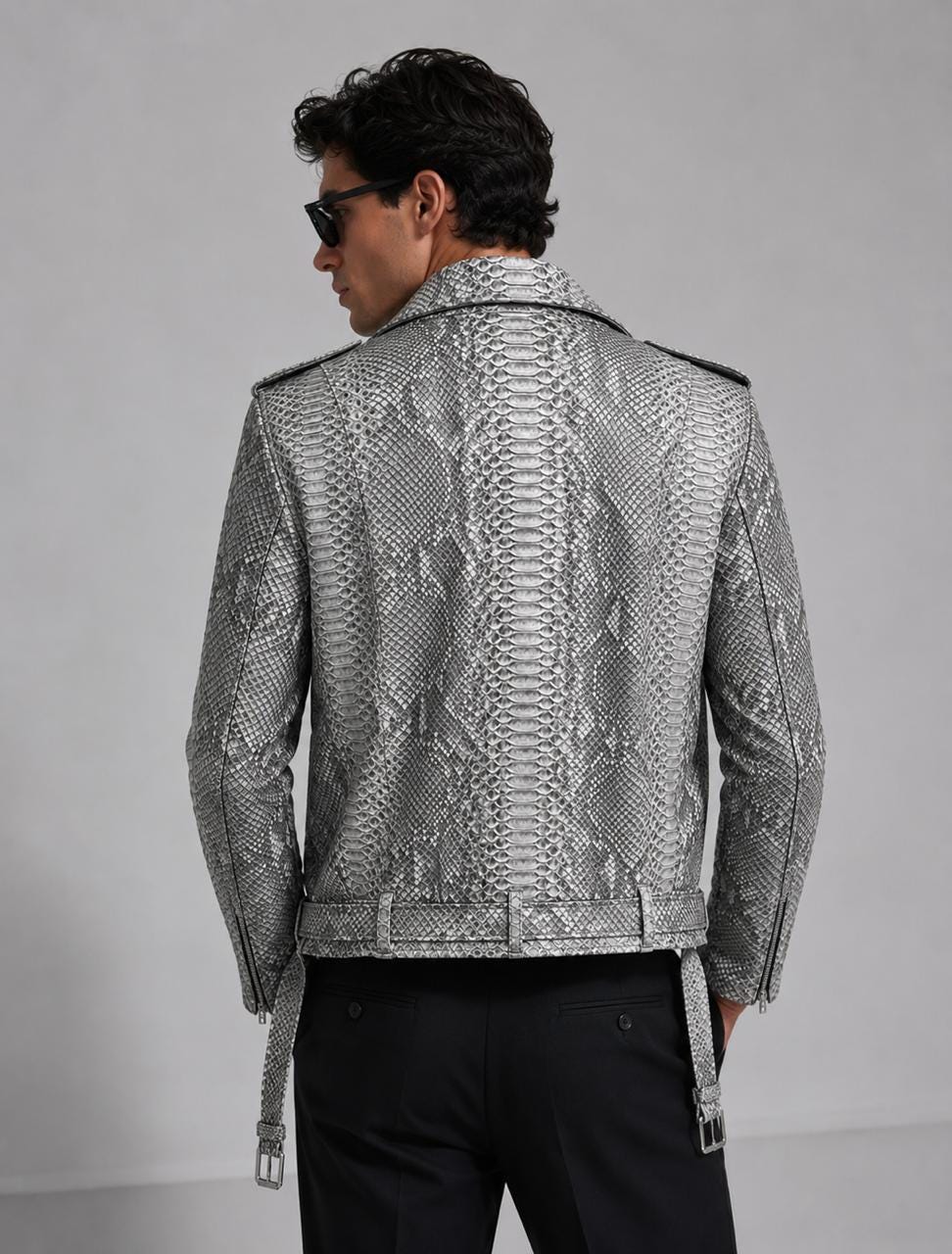 Men’s Premium Python Embossed Leather Biker Jacket – Silver Snakeskin Moto Jacket – Handmade Luxury Motorcycle Leather Coat