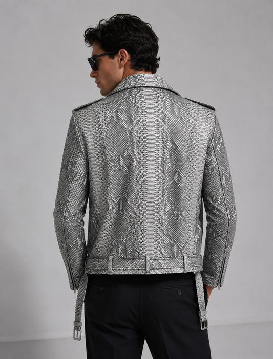Men’s Premium Python Embossed Leather Biker Jacket – Silver Snakeskin Moto Jacket – Handmade Luxury Motorcycle Leather Coat