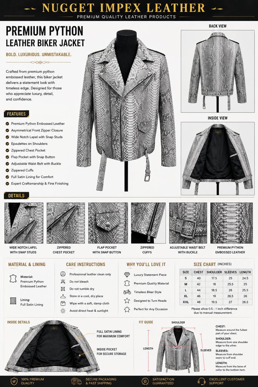 Men’s Premium Python Embossed Leather Biker Jacket – Silver Snakeskin Moto Jacket – Handmade Luxury Motorcycle Leather Coat