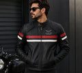 Custom Motorwear Men’s Leather Biker Jacket – Black Genuine Leather Racing Jacket with Red & White Stripes | Handmade Motorcycle Jacket
