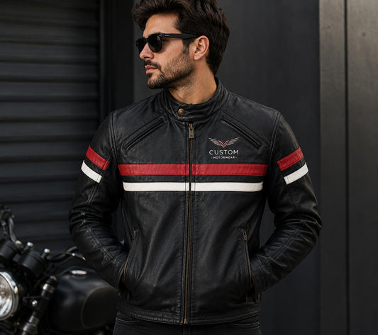 Custom Motorwear Men’s Leather Biker Jacket – Black Genuine Leather Racing Jacket with Red & White Stripes | Handmade Motorcycle Jacket