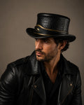 Handcrafted Black Crocodile Embossed Leather Top Hat | Vintage Gothic Steampunk Hat | Premium Statement Fashion Hat for Men