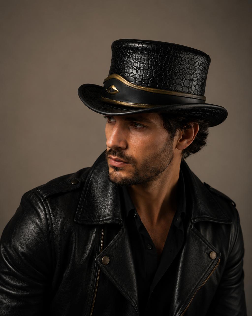Handcrafted Black Crocodile Embossed Leather Top Hat | Vintage Gothic Steampunk Hat | Premium Statement Fashion Hat for Men