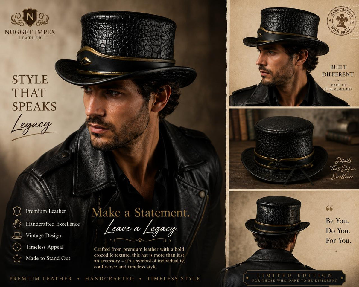 Handcrafted Black Crocodile Embossed Leather Top Hat | Vintage Gothic Steampunk Hat | Premium Statement Fashion Hat for Men
