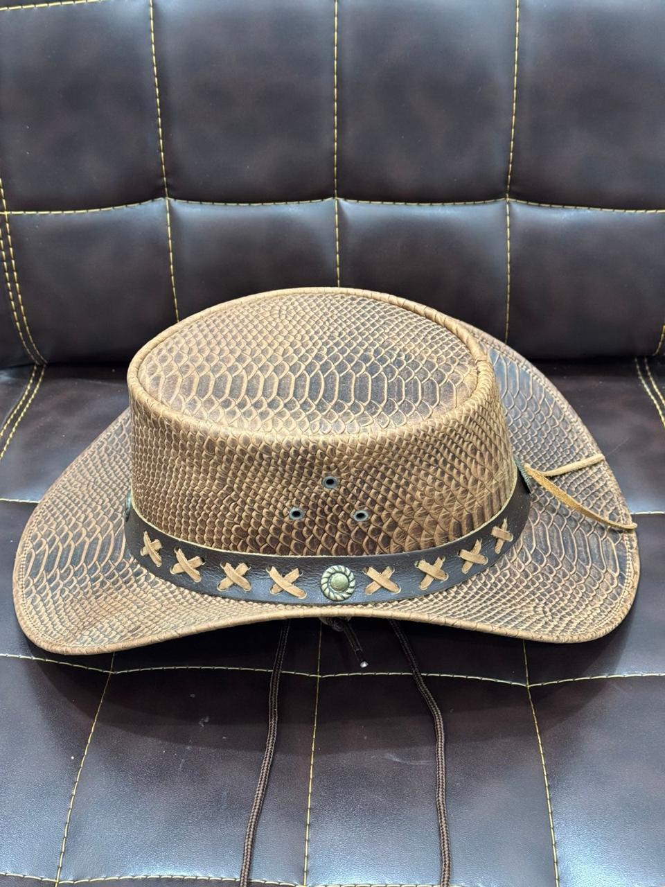 Vintage Western Cowboy Hat for Men – Genuine Leather Cowboy Hat, Handmade Snake Texture Hat, Rodeo Ranch Western Hat