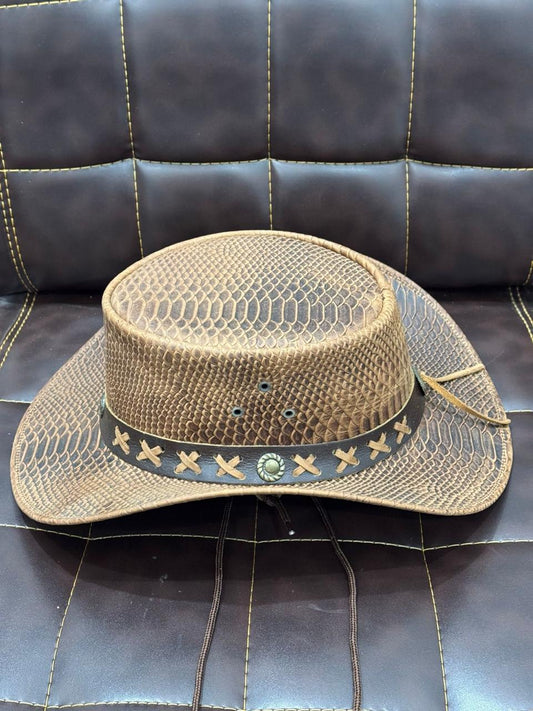 Vintage Western Cowboy Hat for Men – Genuine Leather Cowboy Hat, Handmade Snake Texture Hat, Rodeo Ranch Western Hat