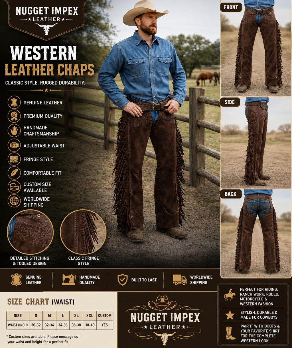 Men’s Western Leather Chaps with Fringe | Cowboy Riding Chaps | Brown Genuine Leather Motorcycle & Ranch Wear | Handmade Cowboy Pants