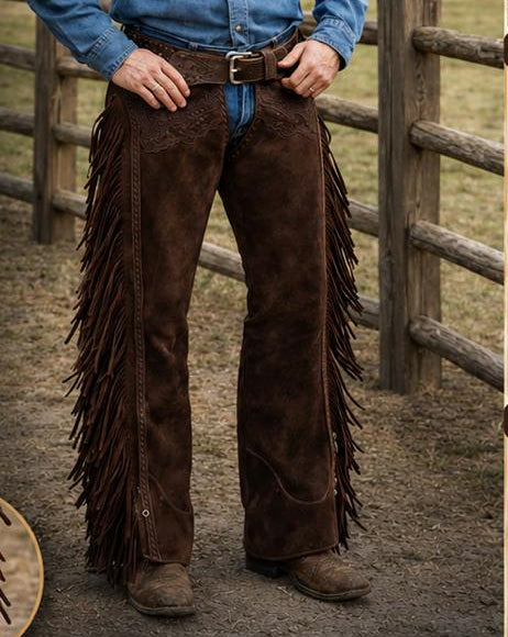 Men’s Western Leather Chaps with Fringe | Cowboy Riding Chaps | Brown Genuine Leather Motorcycle & Ranch Wear | Handmade Cowboy Pants