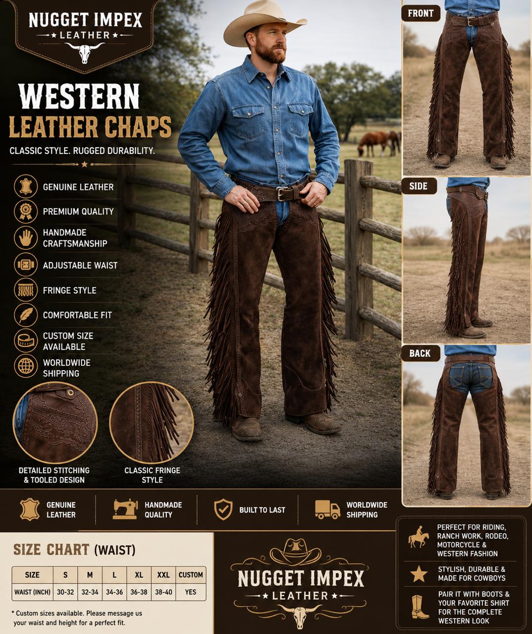 Men’s Western Leather Chaps with Fringe | Cowboy Riding Chaps | Brown Genuine Leather Motorcycle & Ranch Wear | Handmade Cowboy Pants