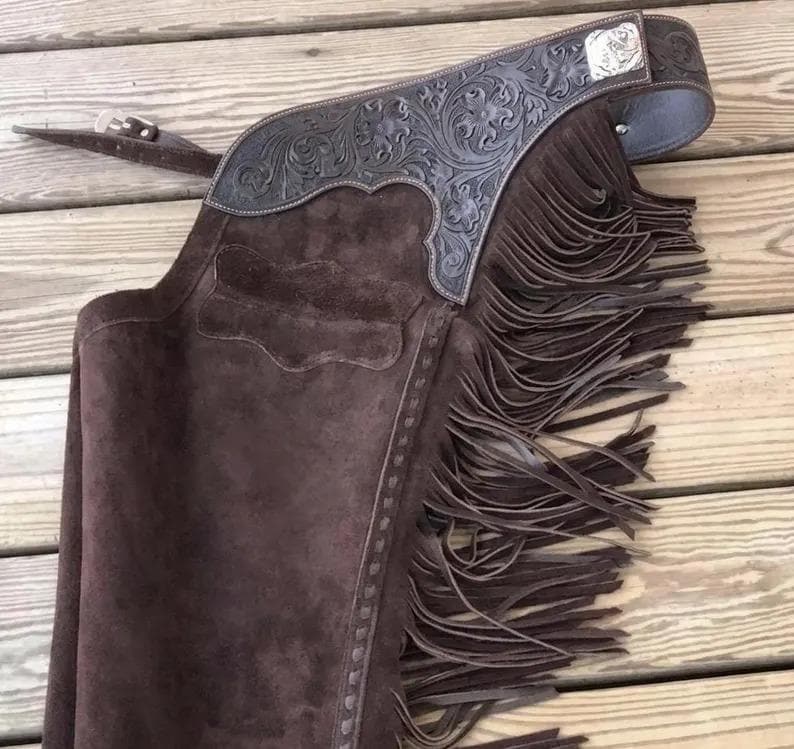 Men’s Western Leather Chaps with Fringe | Cowboy Riding Chaps | Brown Genuine Leather Motorcycle & Ranch Wear | Handmade Cowboy Pants