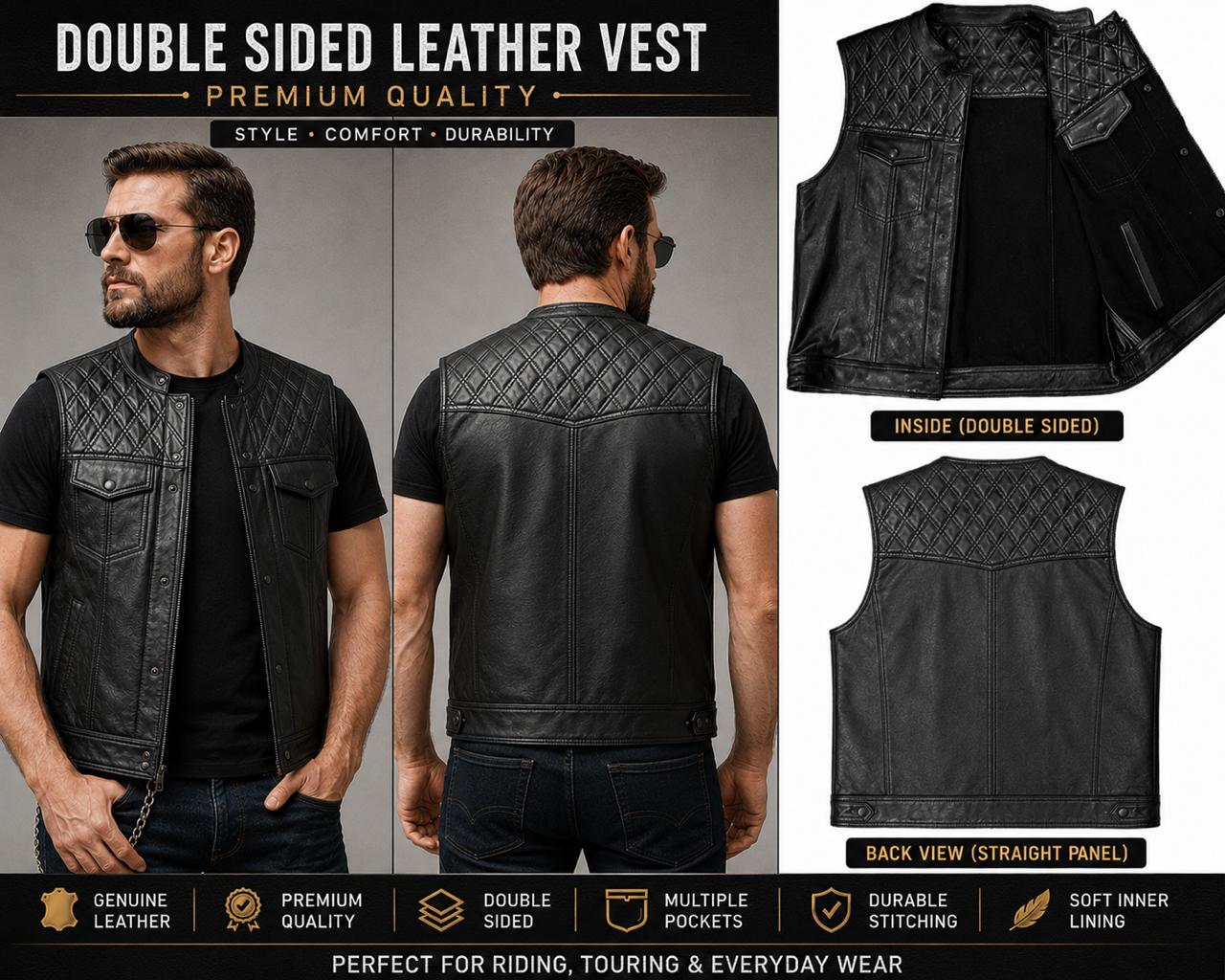 Men’s Double Sided Leather & Denim Vest | Reversible Biker Vest | Genuine Leather and Jeans Style Motorcycle Vest Handmade Sleeveless Jacket