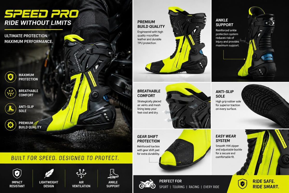 Neon Yellow Motorcycle Racing Boots | Sport Bike Riding Boots | Protective Moto Boots | CE Style Rider Gear | Touring & Racing Footwear