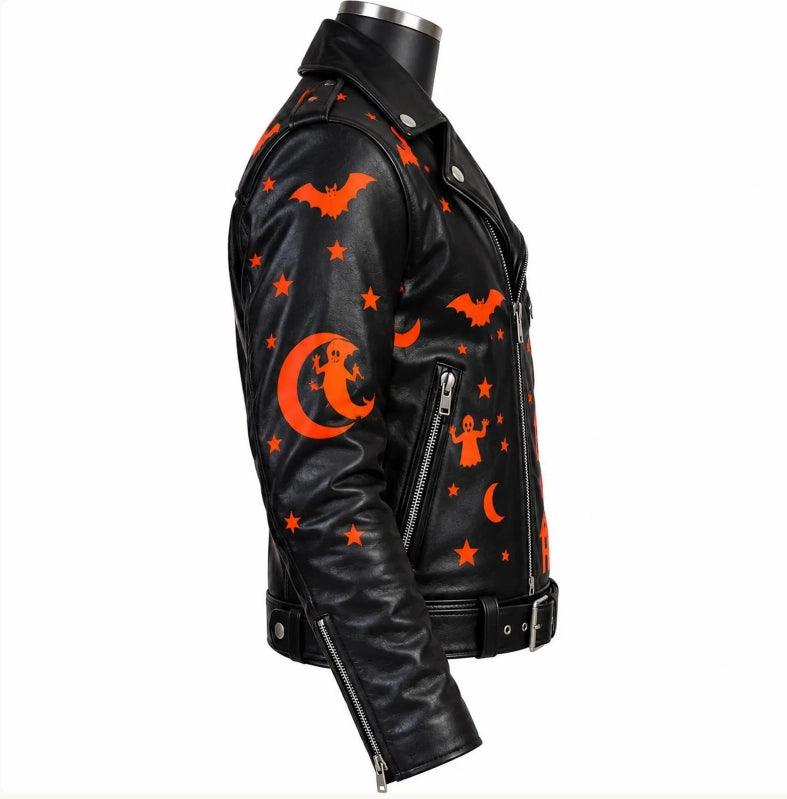Men’s Halloween Asymmetric Leather Jacket – Orange Haunted House Print