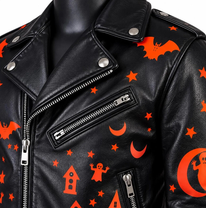 Men’s Halloween Asymmetric Leather Jacket – Orange Haunted House Print