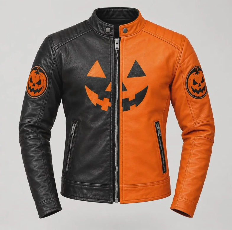 Men's Halloween Leather Jacket – Black & Orange Pumpkin Biker Jacket