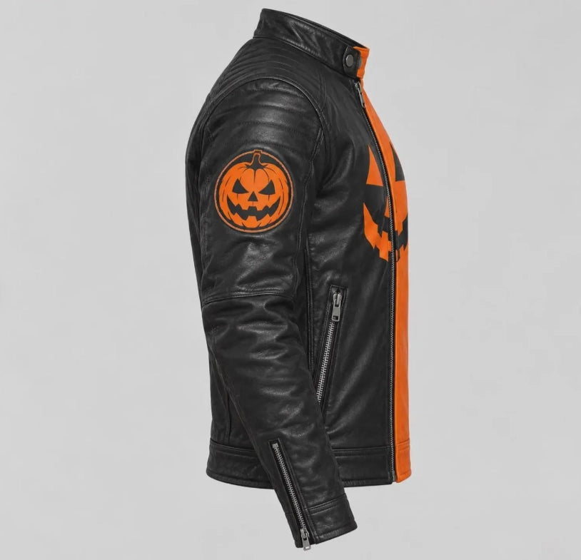 Men's Halloween Leather Jacket – Black & Orange Pumpkin Biker Jacket