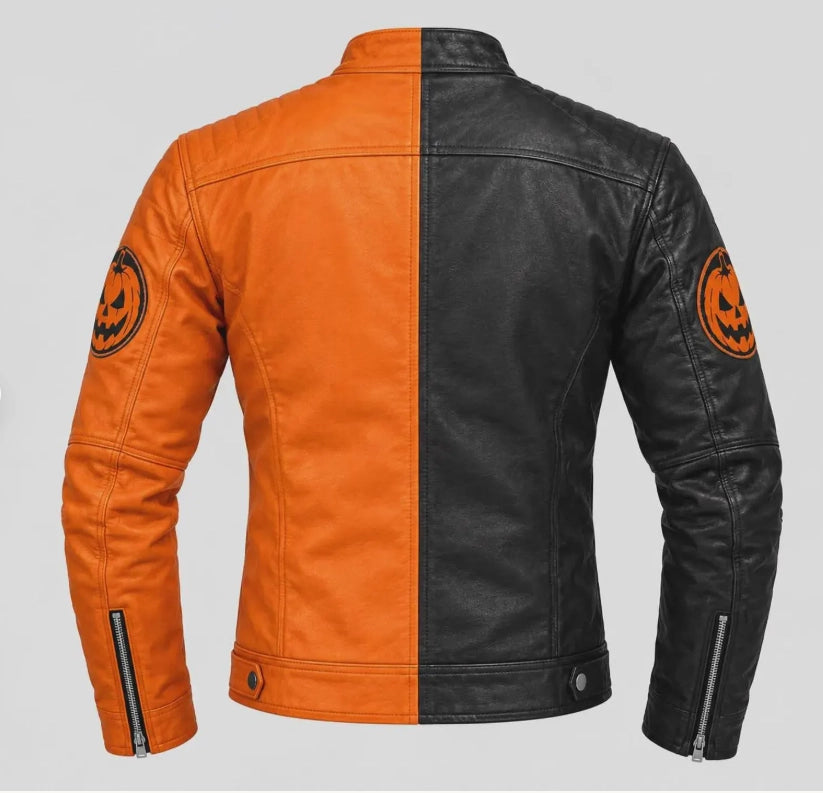 Men's Halloween Leather Jacket – Black & Orange Pumpkin Biker Jacket
