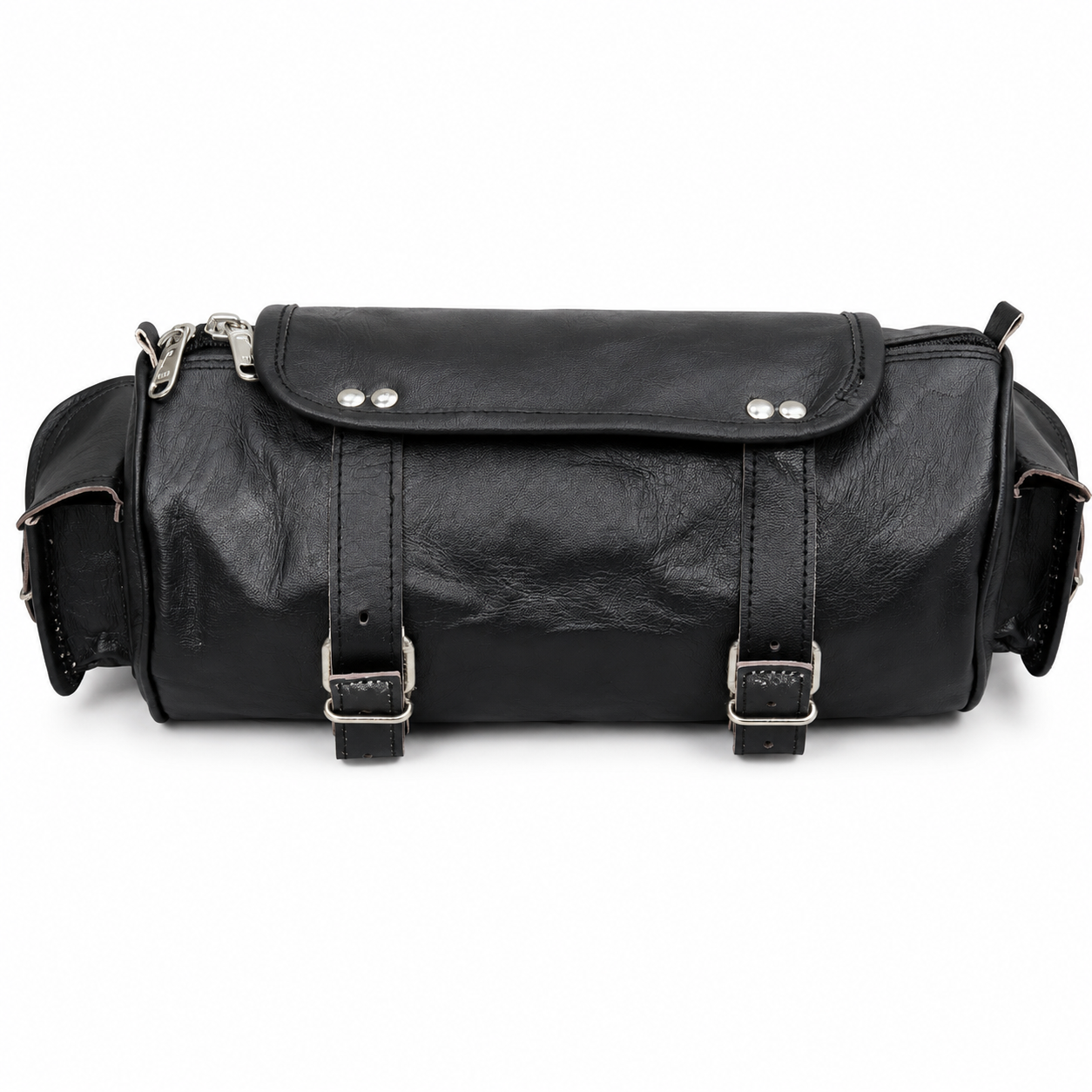 Black leather motorcycle tool roll saddle bag with buckle straps