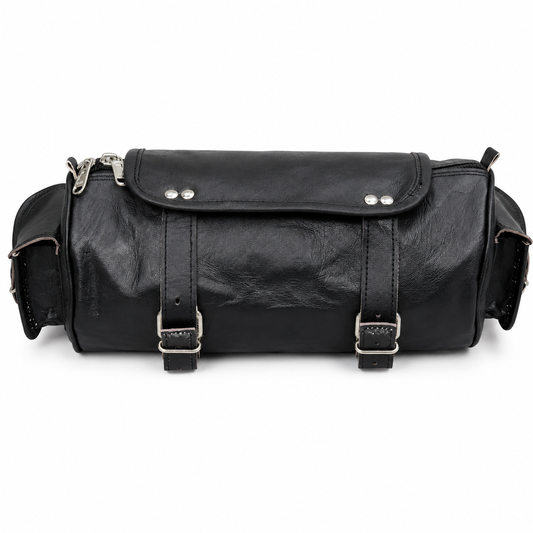 Black leather motorcycle tool roll saddle bag with buckle straps