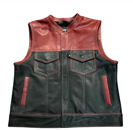 A leather motorcycle vest with a two-tone design, featuring a reddish-brown leather yoke and upper chest with red contrast stitching, and a black perforated leather body with matching red stitching and pocket details.