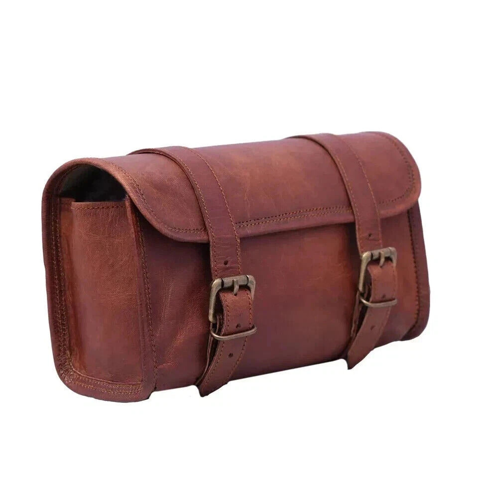 Vintage brown leather tool roll saddle bag with buckle straps
