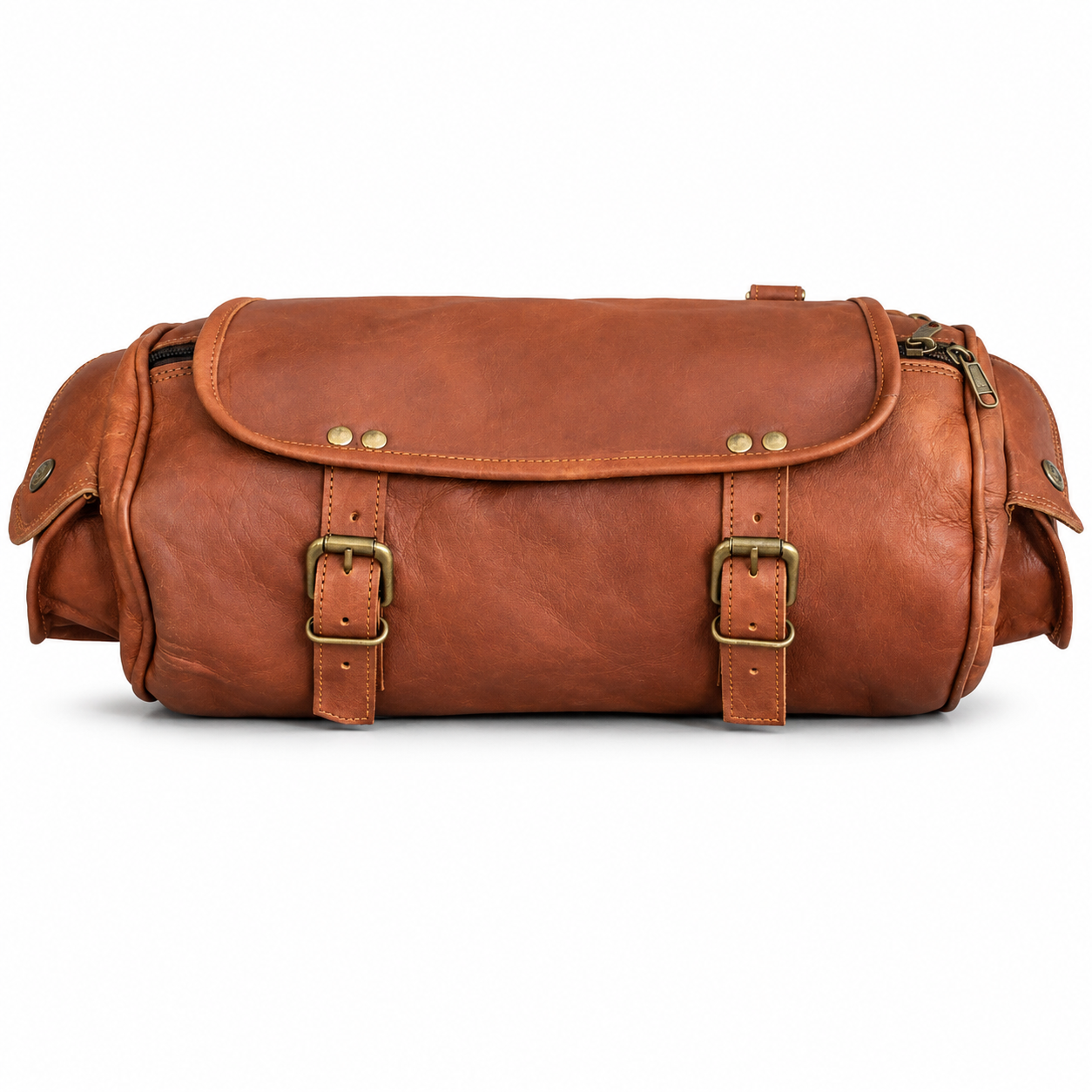 Vintage brown leather tool roll saddle bag with buckle straps