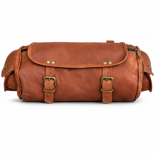 Vintage brown leather tool roll saddle bag with buckle straps